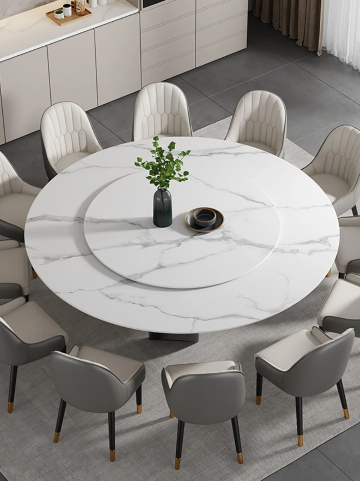 2Light luxury slate marble dining table and chairs combination home with turntable hotel 1.8 meters