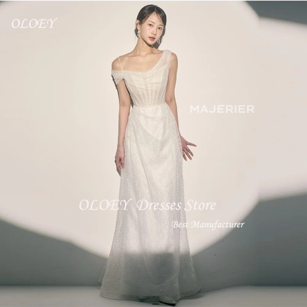 

OLOEY 2026 Sparkly Off the Shoulder Korea Wedding Dresses Glitter Boat Neck A-Line Floor Length Shiny Party Bride Gowns