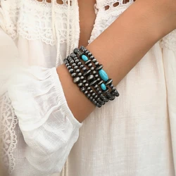 5 Pcs Western Cowboy Style Vintage Turquoise Inlaid Navajo Pearl Bracelet Set for Women Jewelry