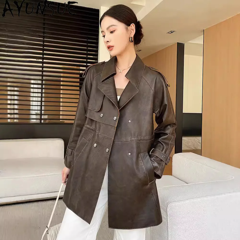 AYUNSUE Echt Leder Jacke Frauen 2025, Echtem Schaffell Mid-länge Graben Mantel Herbst Frau Kleidung Anzug Kragen Jaqueta couro