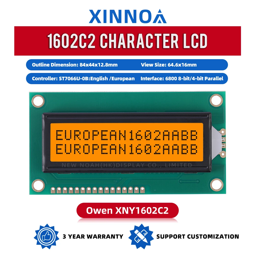 European Orange Light Black Letters 1602C2 Multi Language LCD Module 16*2 84X44MM Industrial Control Built In ST7066U Controller