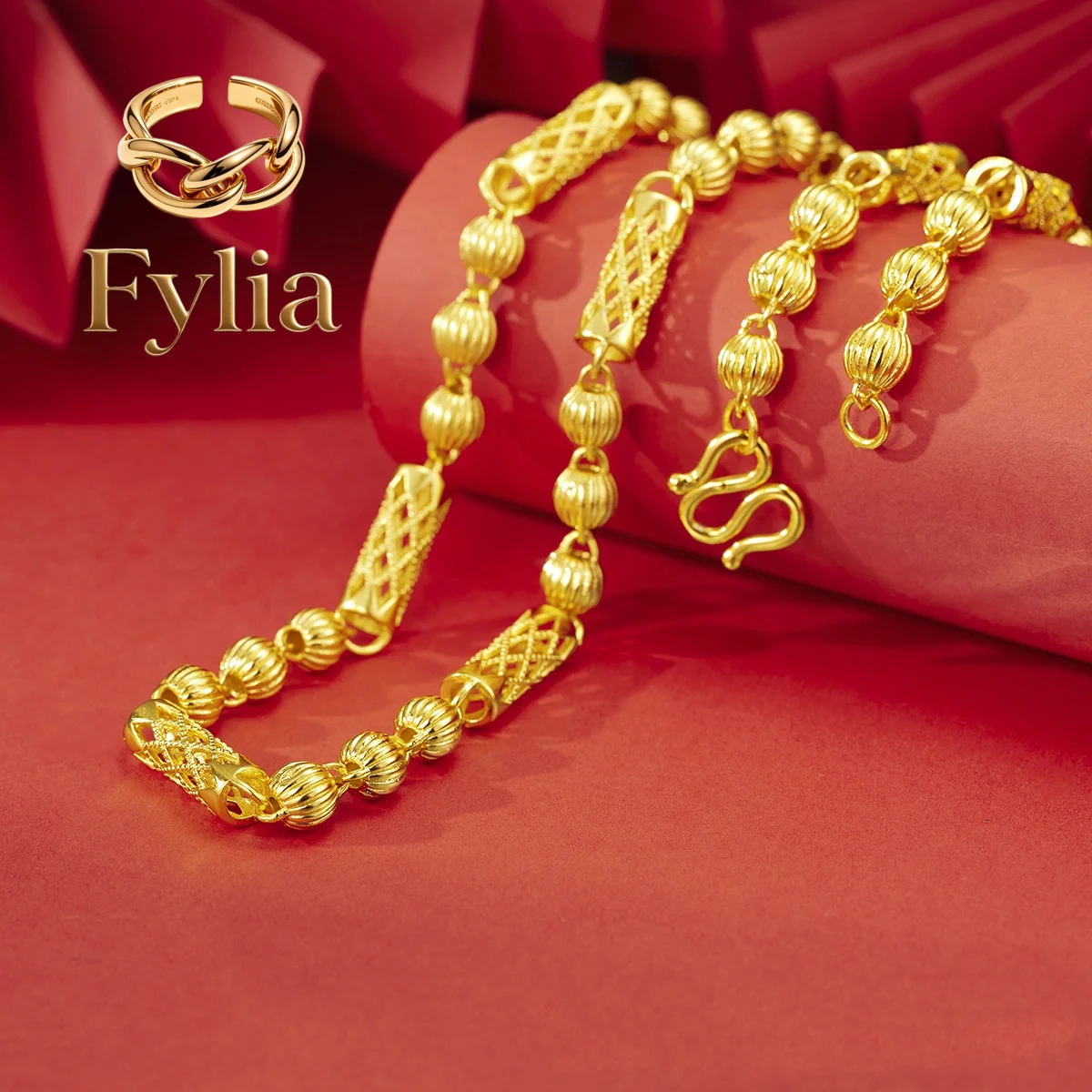 Fylia Jewelry  Luxury 24K real gold men's domineering personality hollow bead necklace au9999 gold necklace jewelry