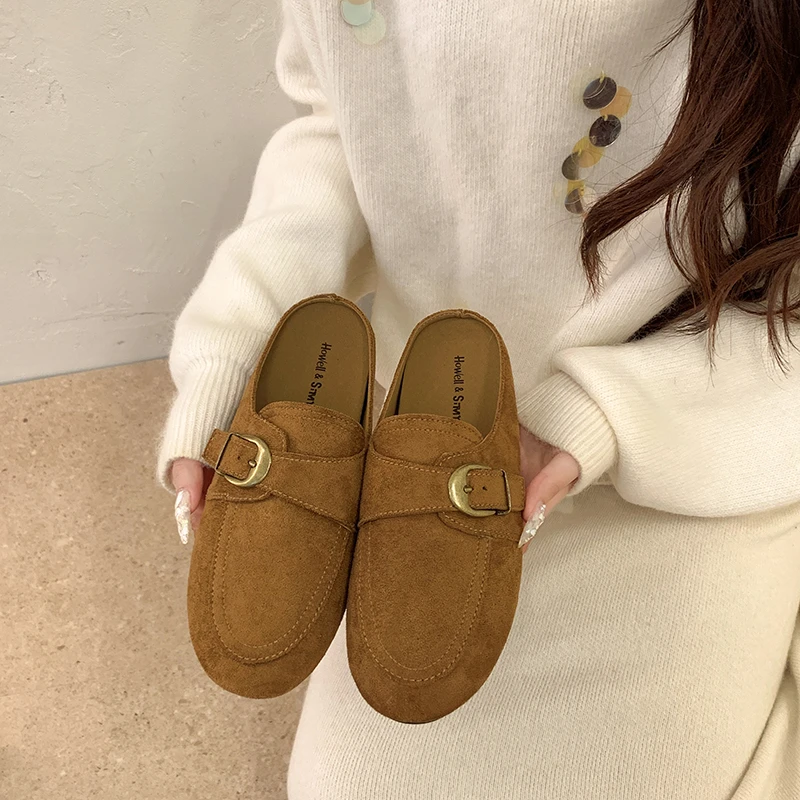 Retro Style Baotou Semi-drag Women 2026 Autumn New Comfortable Outward Wear Flat Heel Slip-on Lazy Shoes