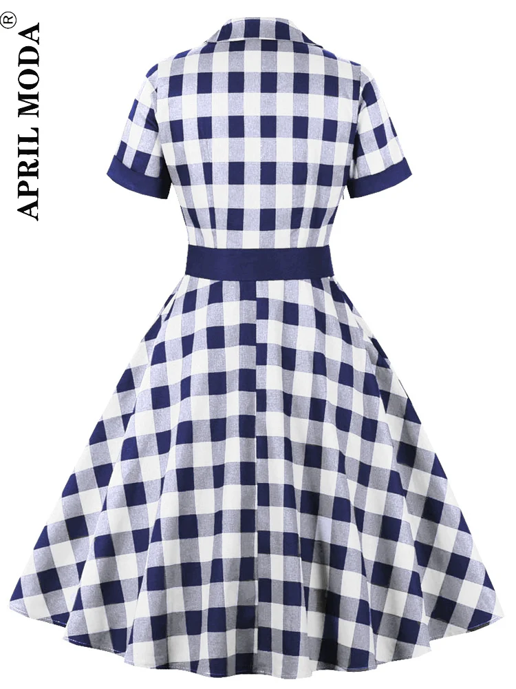 2024 Summer Casual Plaid Women Swing Dress Red Gingham Rockabilly Cotton A Line Sundress Pin Up Vintage Shirt Flare Dresses XXL