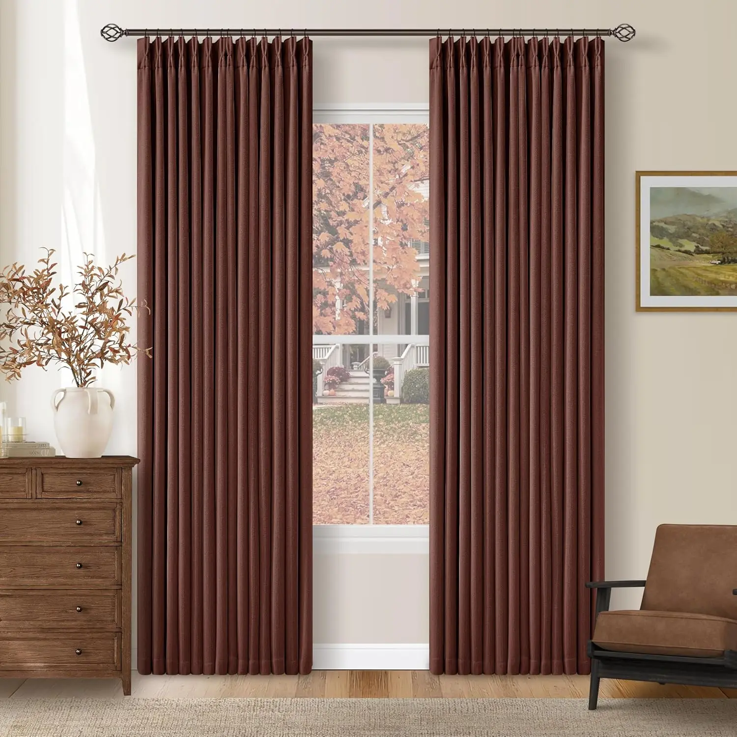 

Chestnut Brown Pleated Linen Blackout Curtains 84 Inches Long for Bedroom Living Room Pinch Pleat Black Out Thermal Insu