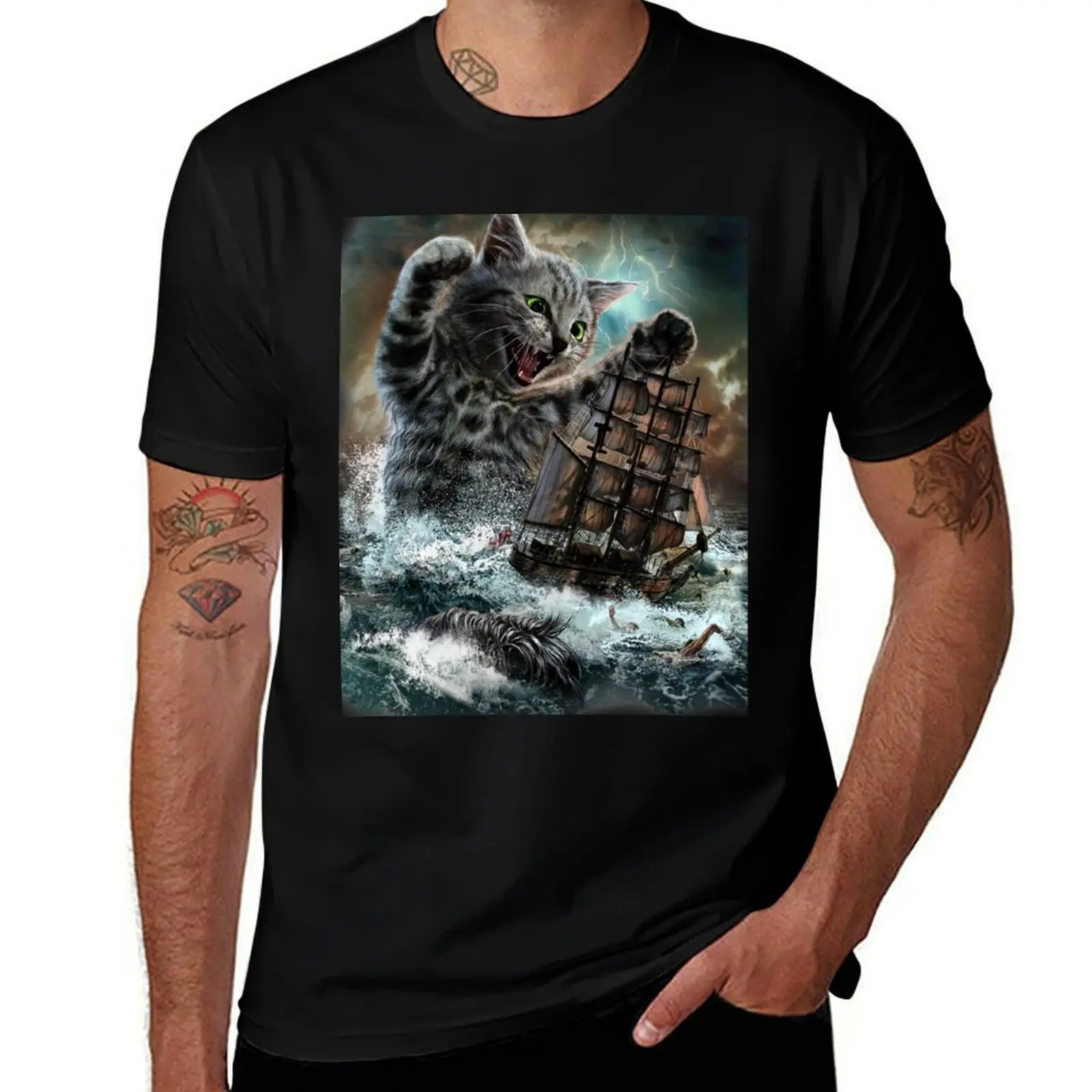 Monster Tabby Cat Ambush Battle Ship T-Shirt Casual Daily Graphic Tee T-Shirt