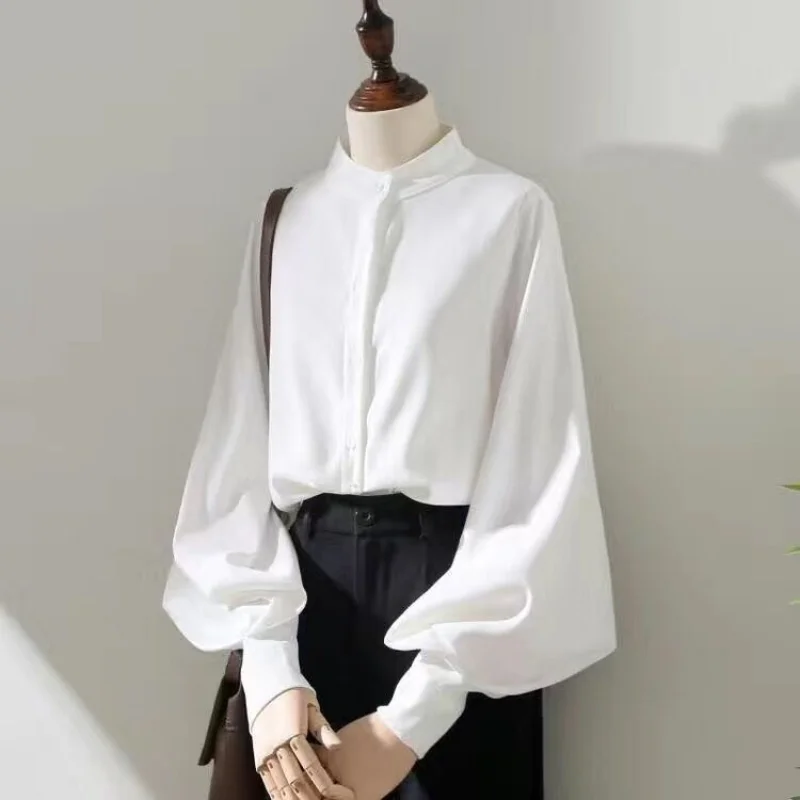 Spring Fashion Women Solid Stand Collar Casual Elegant Fashion Womens Top Clothing Blouse Shirt Lantern Long Sleeve Women Shirts