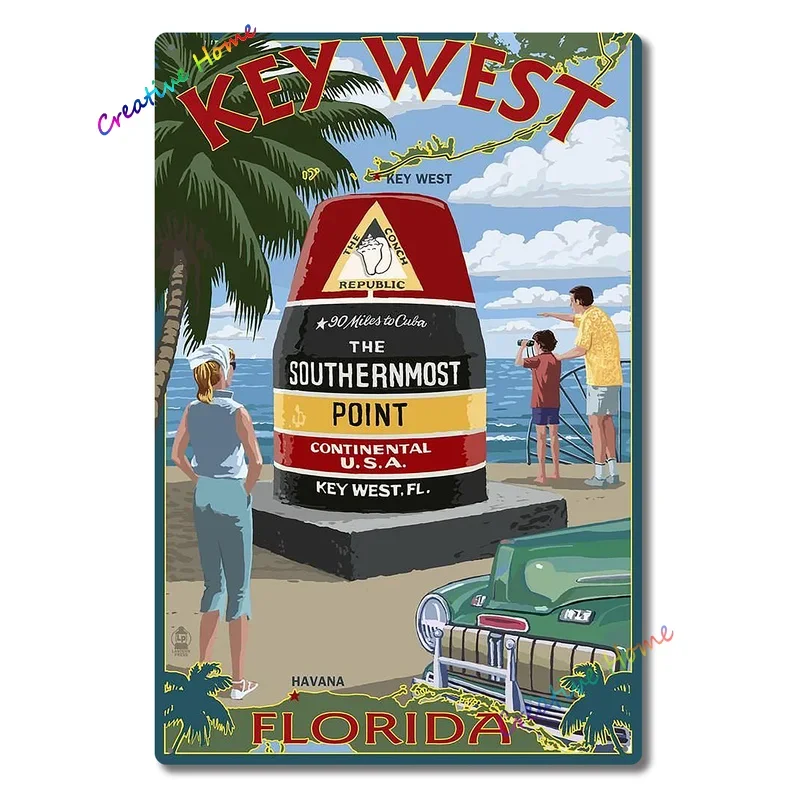 Metal Plaque Key West Southernmost Point Florida Poster Tin Sign Home Beach Club Club House Wall Decoration Retro Metal Plate