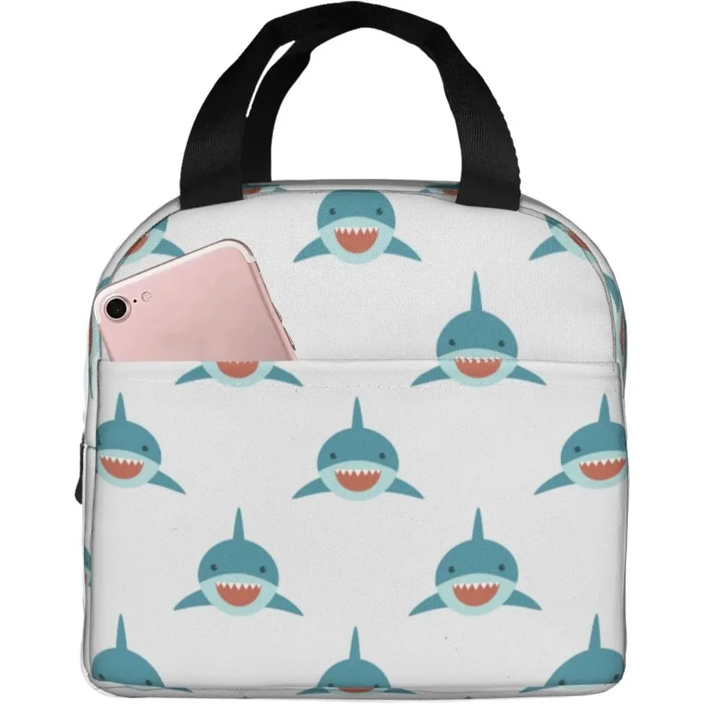 حقيبة غداء كرتونية لطيفة على شكل قرش للنساء والرجال، حاوية علب غداء معزولة على شكل سمكة قابلة لإعادة الاستخدام مع جيب أمامي للعمل والنزهات والسفر #1