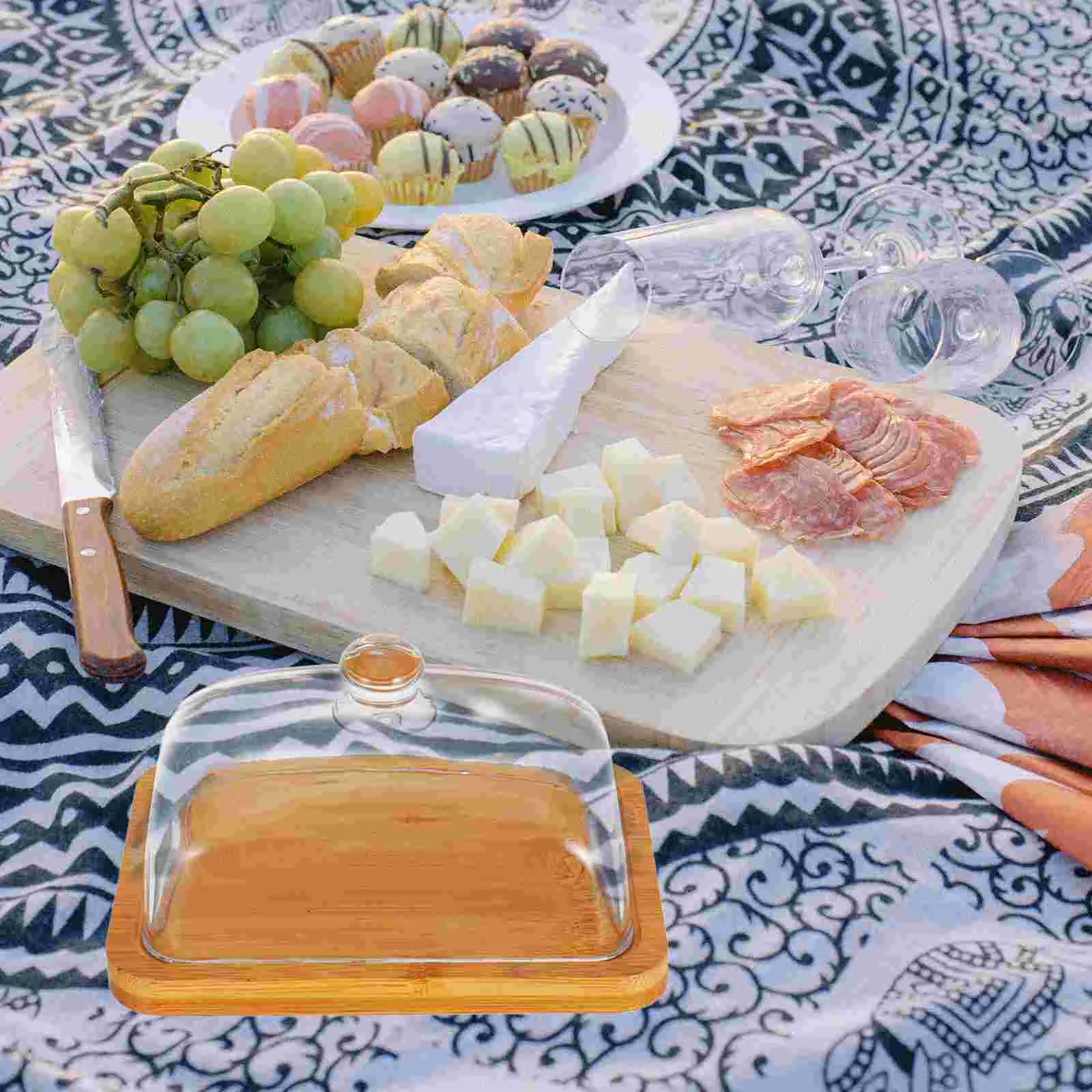 Rectangular Wooden Butter Dish Glass Lid Cheese Dome Cupcake Plate Mini Cake Stand With Dome Kitchen Dinnerware Set Clear Tray