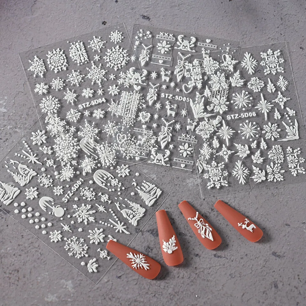 1 Stück 5D Acryl Blumen Nail Art Aufkleber geprägte Schneeflocke Nagelaufkleber Winter Urlaub Weihnachten Dekoration für DIY Maniküre