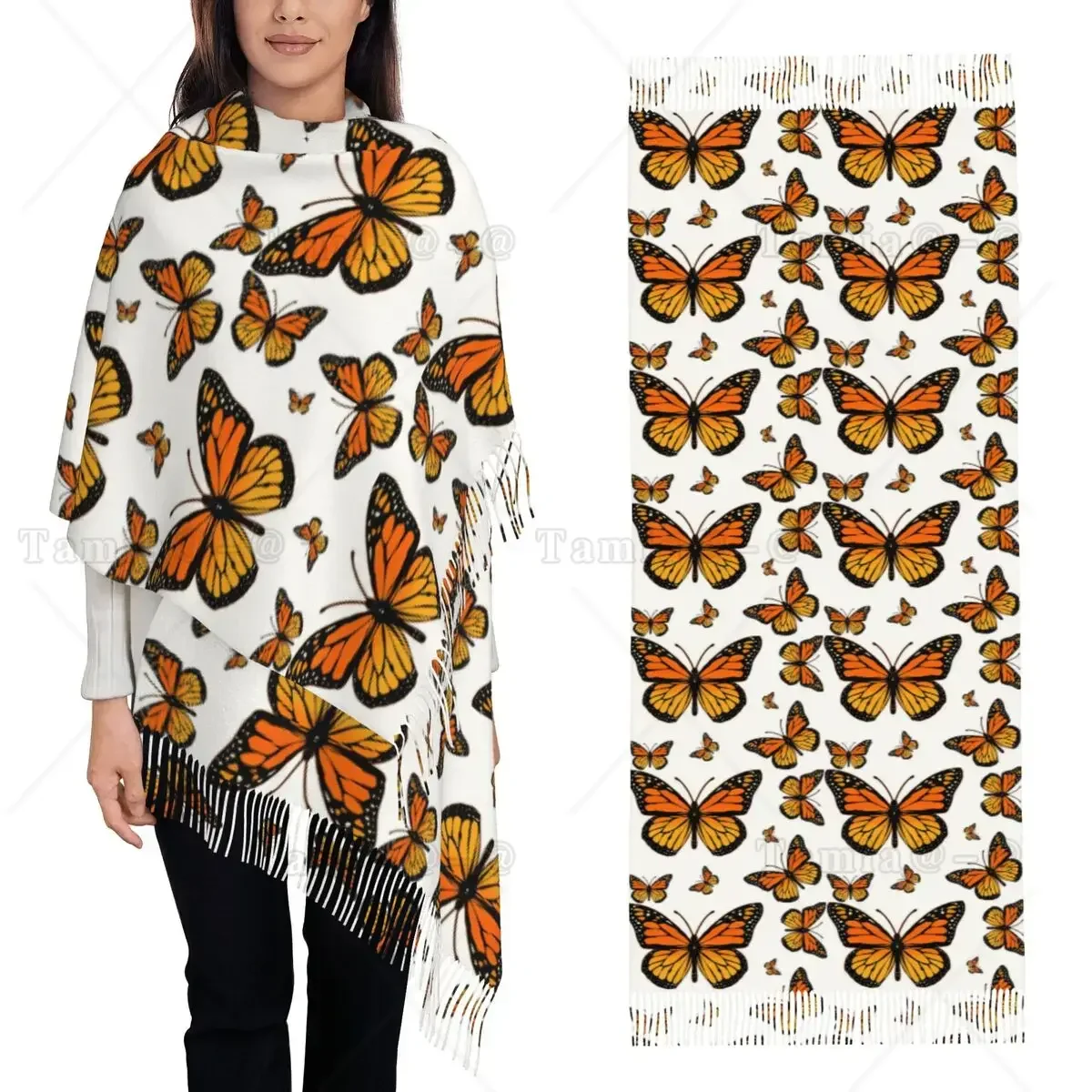 Orange Monarch Butterfly Rapsody Scarf Tassel Scarves for Women Soft Warm Shawls and Wraps Long Fall Winter Shawl Wrap