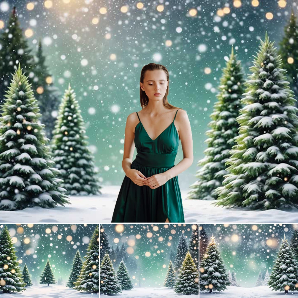 

MOON.QG Snowy Christmas Forest Photo Background Pine Bokeh Green Backdrop Photography Props Festival Portrait Wallpaper Poster