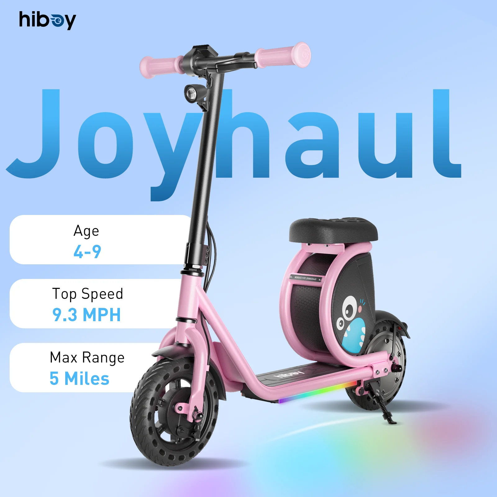 Hiboy Joyhaul Electric Scooter for Kids 4-10 Years, 100W Brushless Motor, 5 Miles Range 56Wh Battery, LED Neon Lights & Under-Seat Storage, Front Drum Brake Safety, Lightweight Foldable for Boys Girls