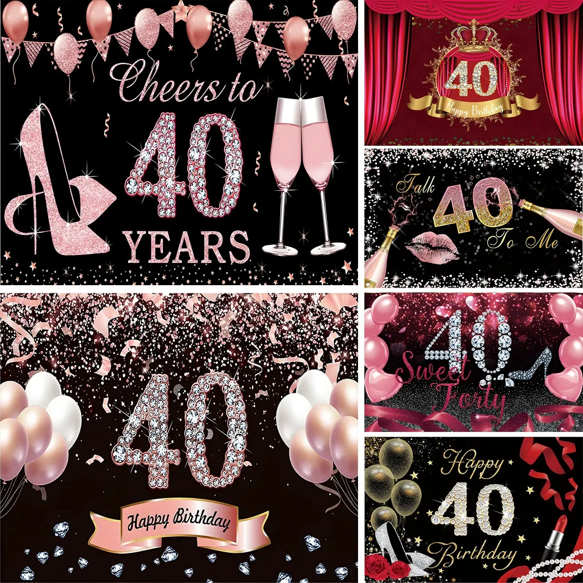 40th Birthday Party Backdrop Black Gold Glitter Balloon Boys Girls 40  Years Old Birthday Bar Mitzvah Photography Background