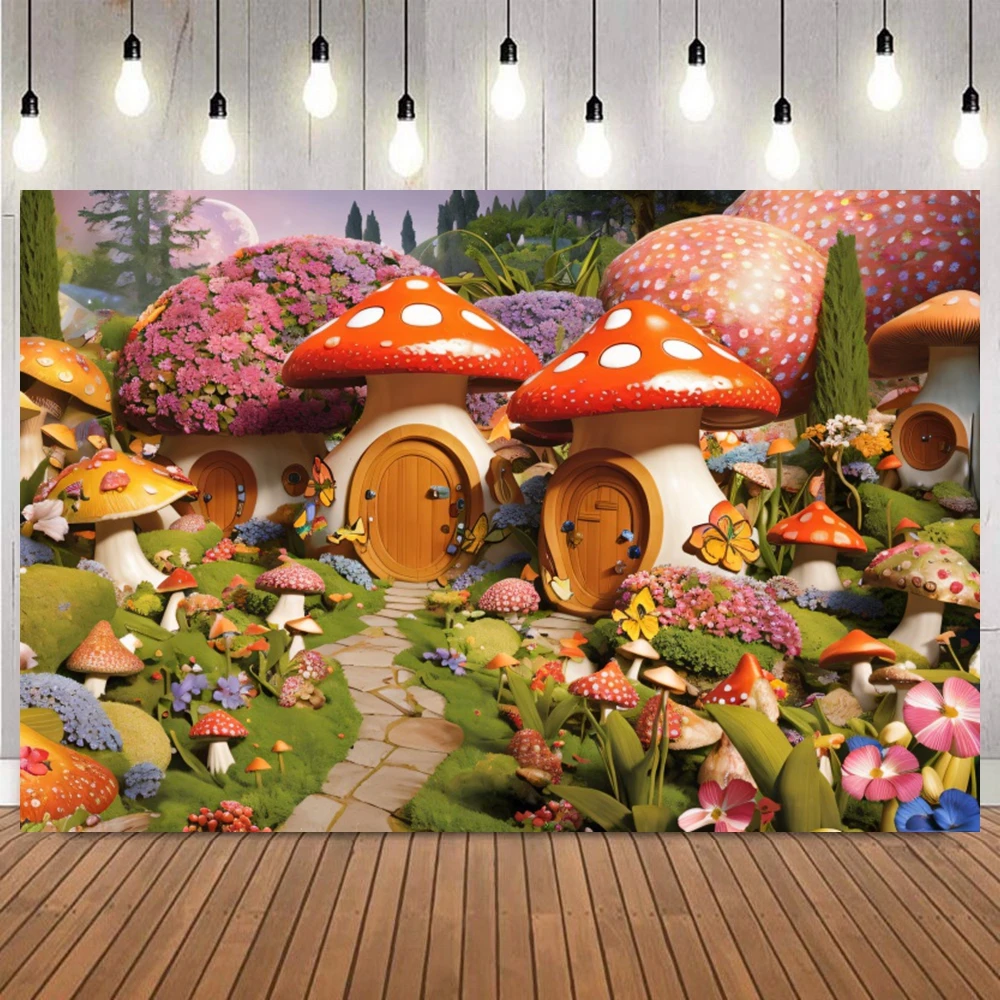 Fairy Tale Forest Mushroom House Backdrop Spring Garden Luminous Butterfly Baby Shower Birthday Party Photography Background