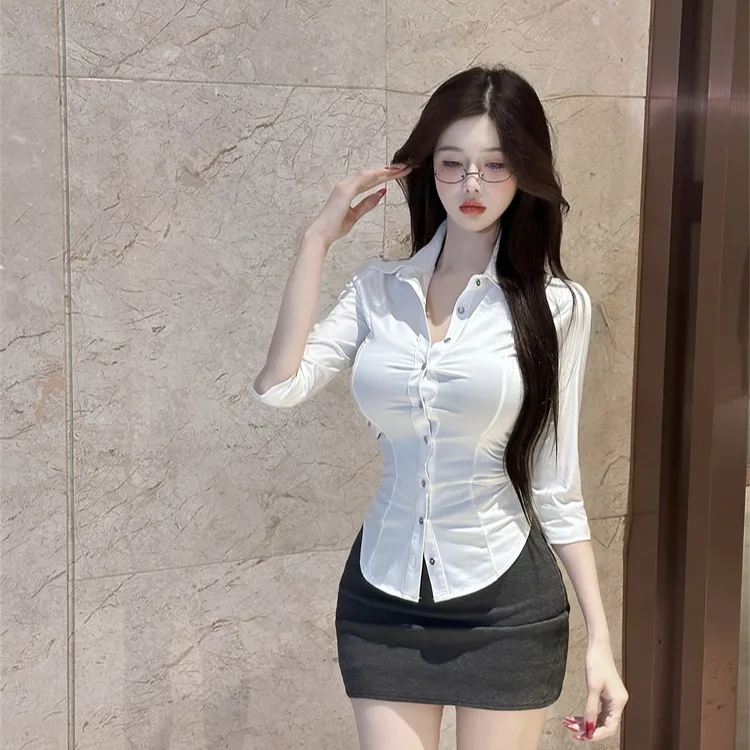 

Pure Desire Slim Fit White irt Сексуальный клубный топ Осень Новый женский модный модный повседневный топ на пуговицах irt Regular Sve Length
