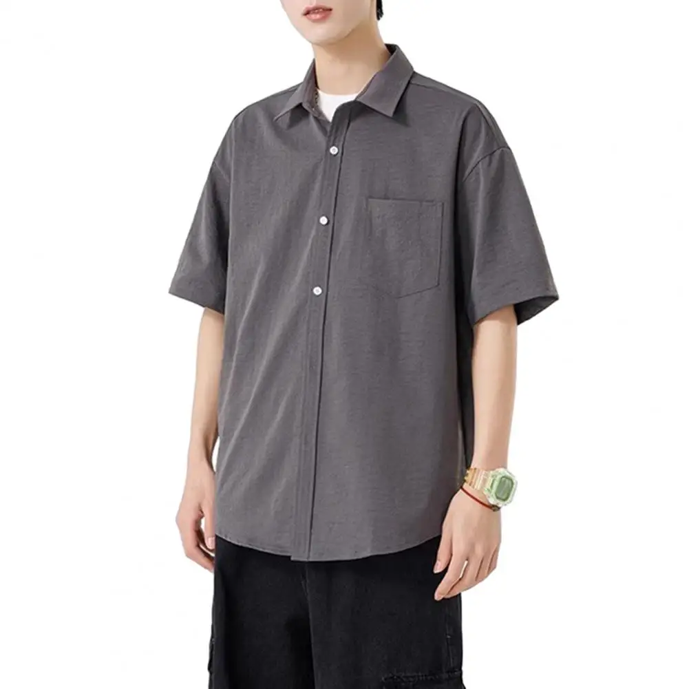 เสื้อผู้ชายคอกระเป๋า Casual Beach แขนสั้นสีทึบชายเสื้อยืด Vintage Streetwear Beach หลวม Top