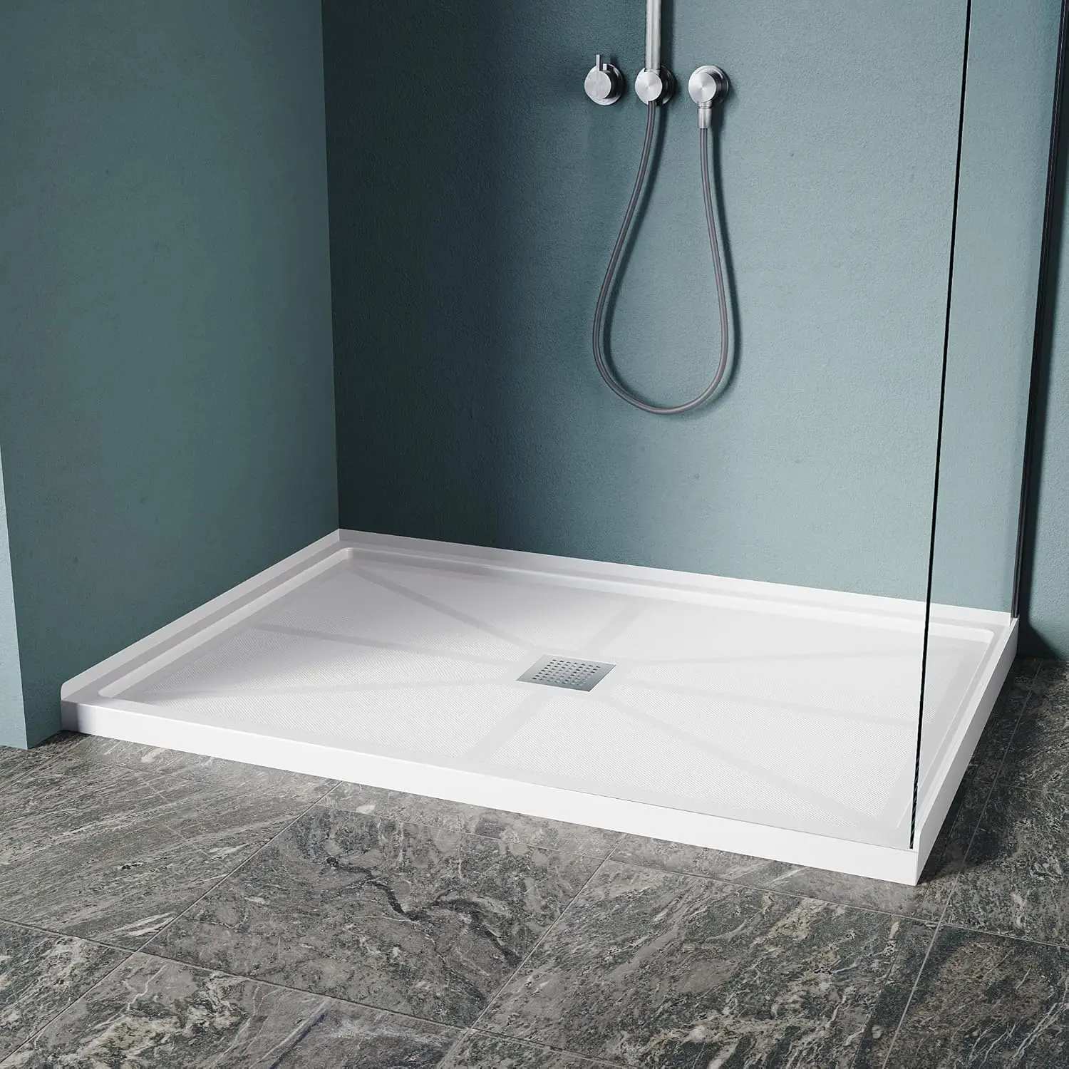 ELEGANT 48'' L x 32'' W x 4'' H Single Threshold Shower Base, Non-Slip Shower Pan in White, Center Drain, Stainless Steel Shower