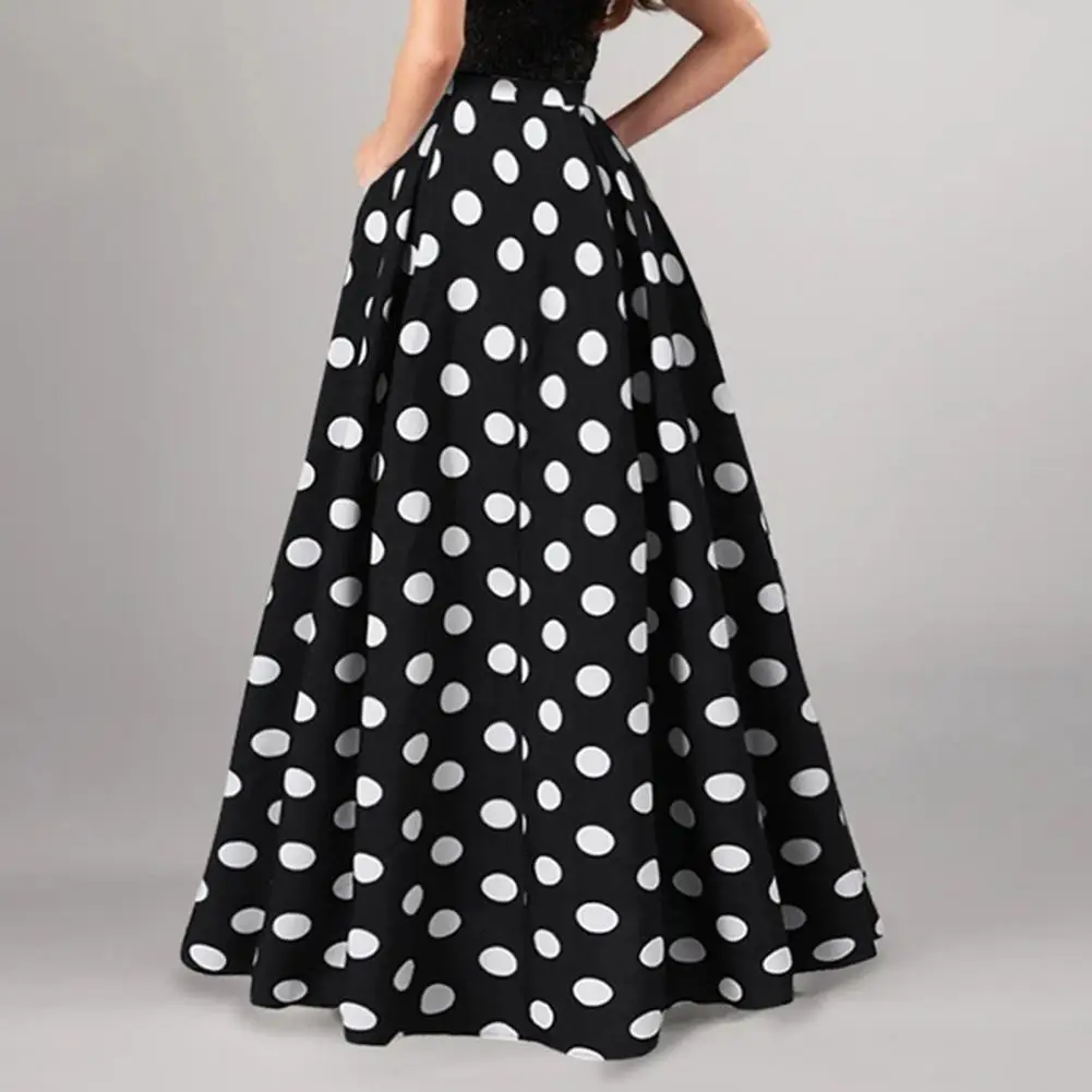 Polka Dot Flared A-line Women Maxi Skirt A-line Pleated Long Skirts Summer Lady Vintage Elastic Waist Dot Print Silhouette Skirt