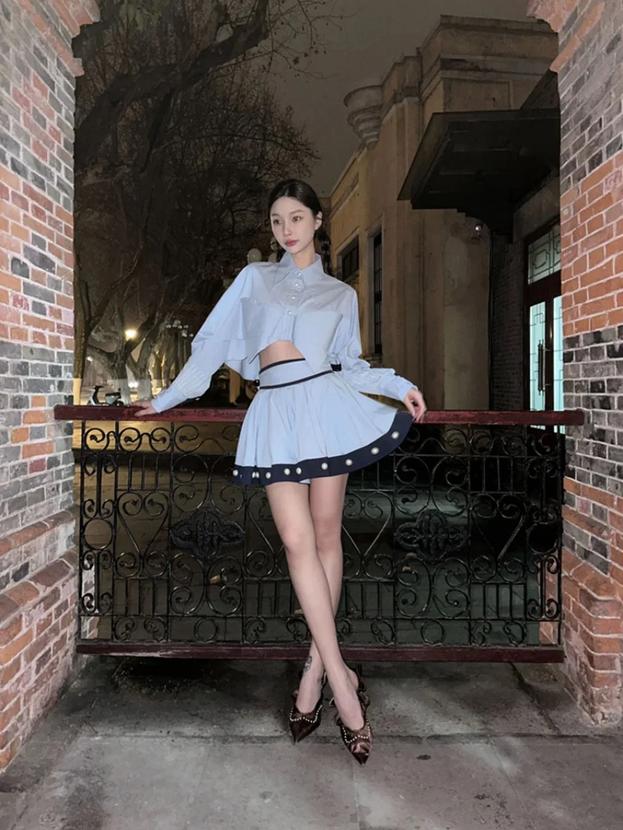 

Spring 2026 Fashionable Women's Short Shirt Knot Design Sensation Half Skirt Set Polyester Fiber Micro Elasticity