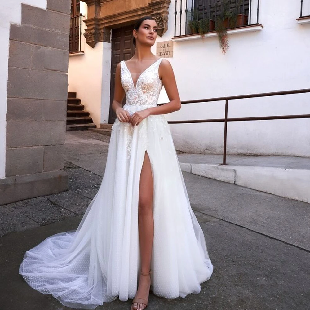 Vestidos de casamento de fenda lateral personalizados com renda novo 2025 marfim sem alças sem mangas vestidos de noiva feminino verão novia