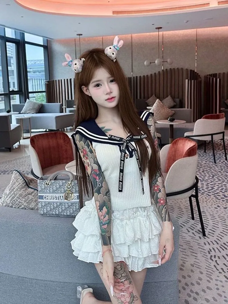 

Summer Letter Embroidery Bow Sailor Style Knitted Vest Top+cake Skirt Set Y2k New Clothes Girls Two Piece Sets Womens Outifits