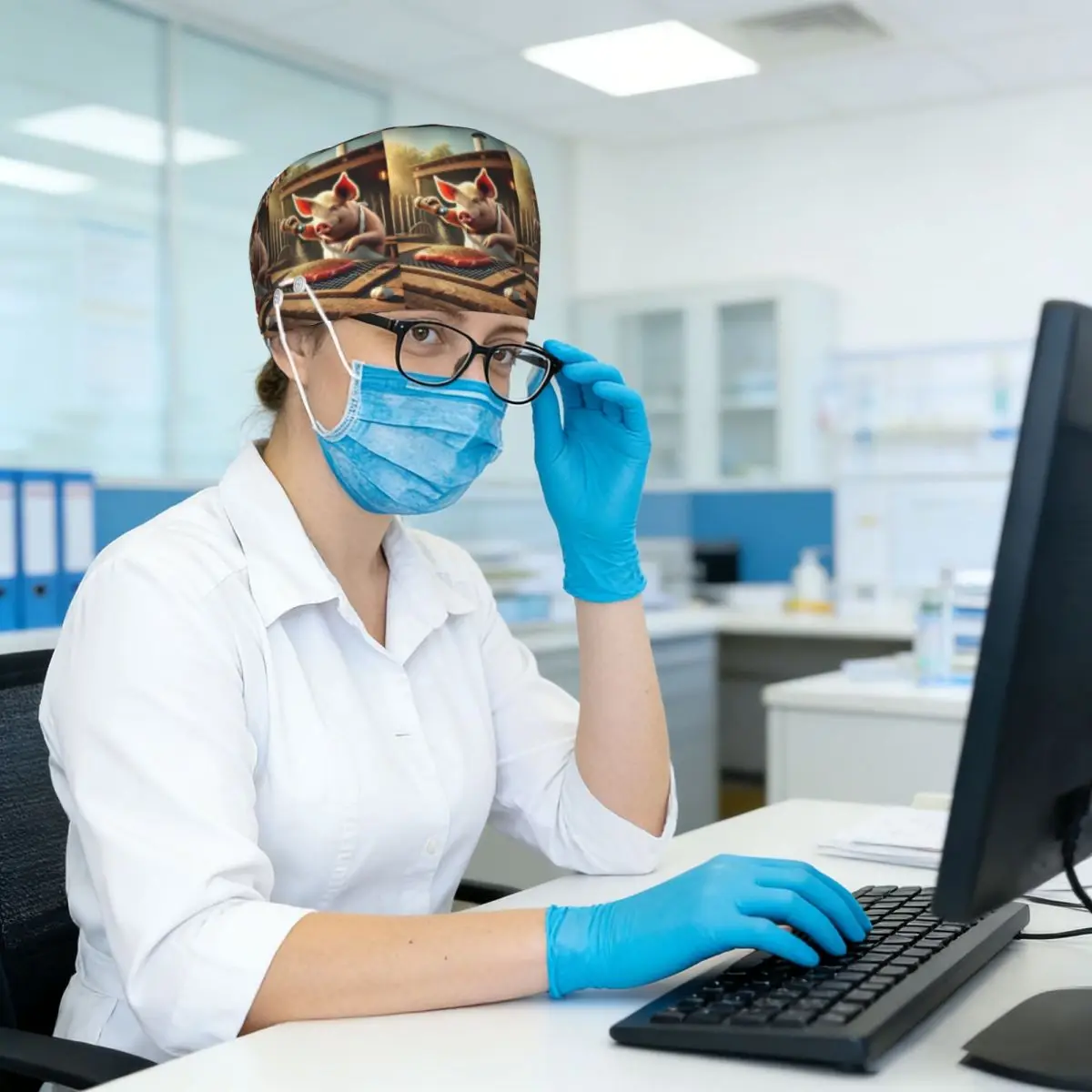 Cooking Pig Cartoon BBQ Scene Scrub Hat Doctor Working Surgical Cap Men Women Adjustable Nursing Caps for Dentist