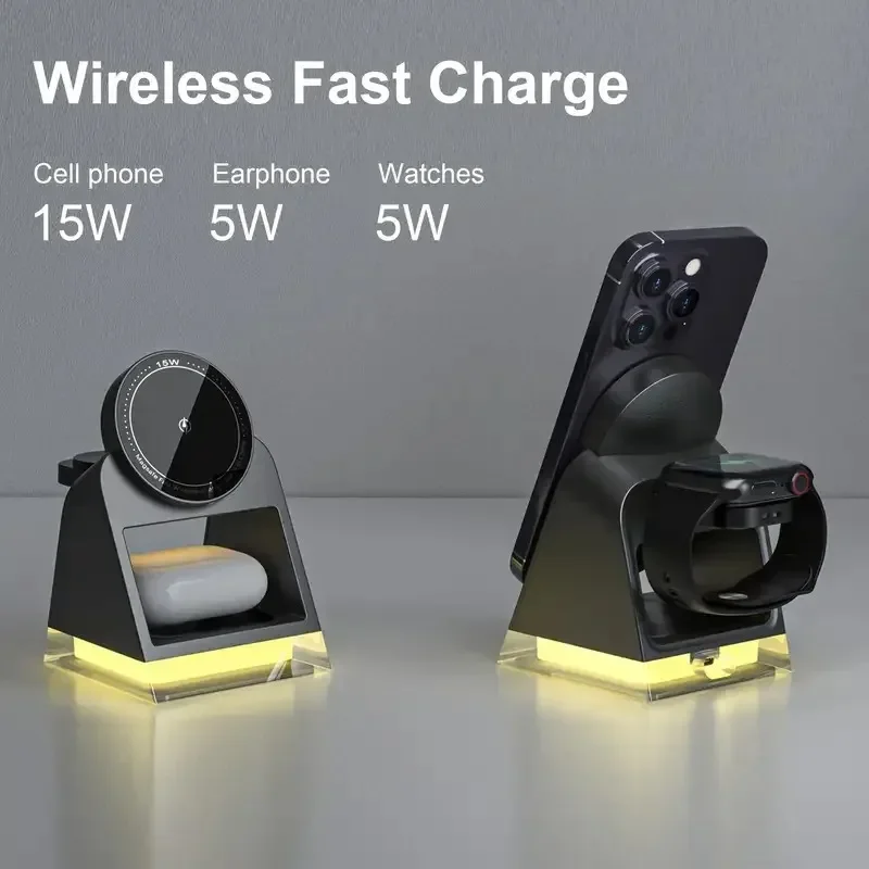 Universal 2 in 1 Magnetic Wireless Charger Stand with LED Night Light Foldable Desktop Charging Dock for iPhone AirPods Home Use