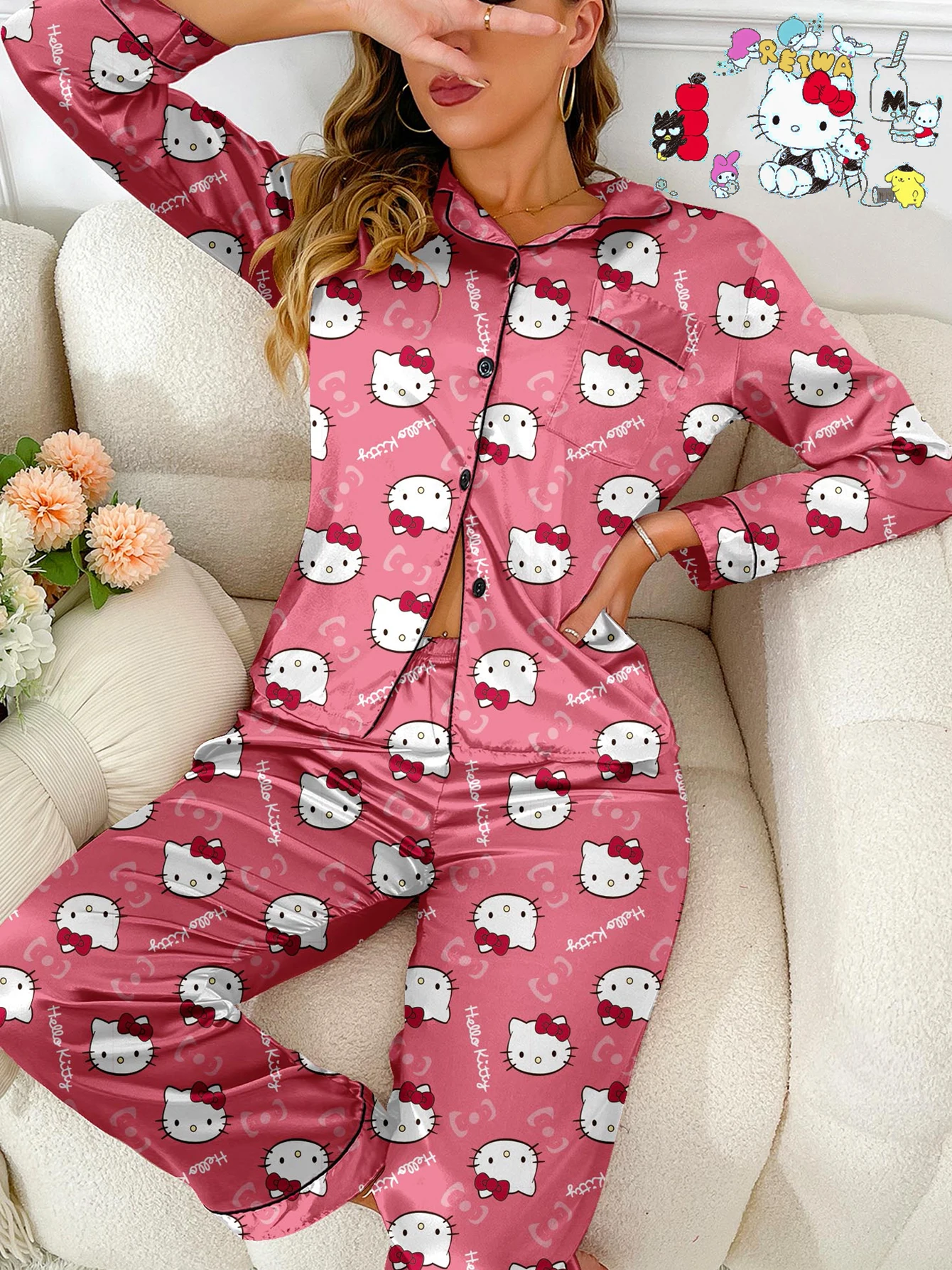 طقم ملابس نوم كاجوال بأكمام طويلة من Sanrio HelloKitty باللون الأحمر الوردي