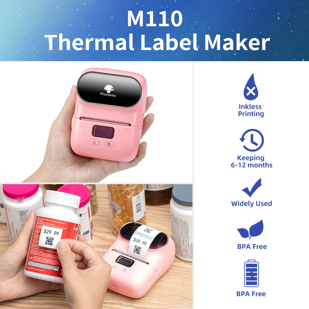 Phomemo M110 Small Label Maker Impresora Portable Wireless for Smart Phone Thermal Logo Sticker Printer Sticky Text Machine