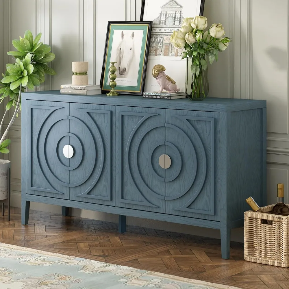 

Retro Multifunctional Sideboard Storage Cabinet, Four Doors with Circular Groove Design,60" Wx15.9"Dx32.1" H