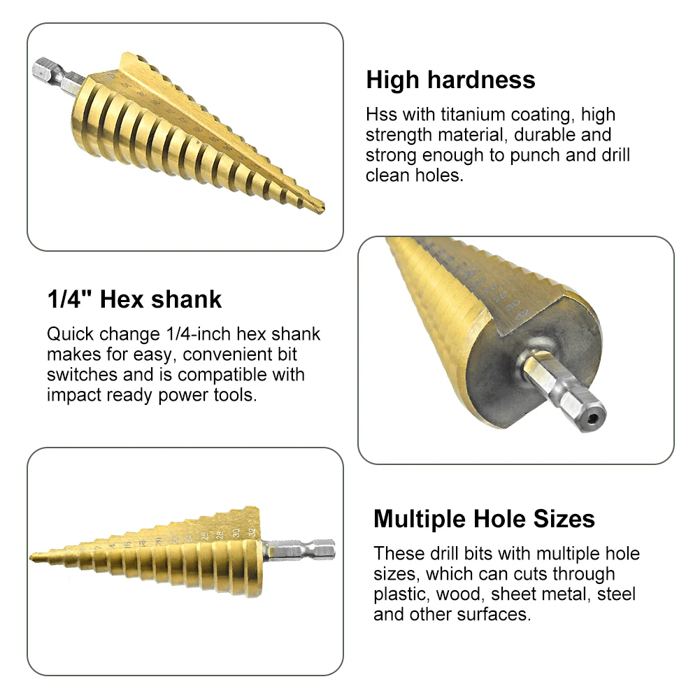 3Pcs Step Drill HSS Steel Titanium Cone Bit Hole Metal Cutter Tool 4-12/20/32 Drill Bit Set Titanium Coated Steel Step Quick