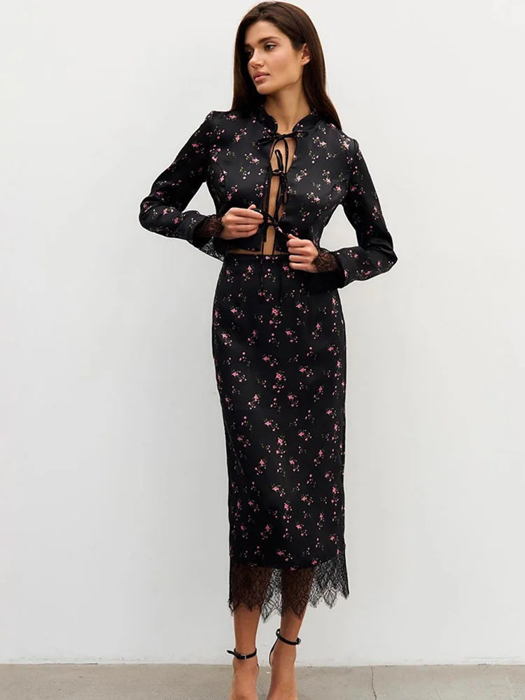 

Костюм MCDV: винтажный топ на шнуровке с принтом, юбка, женский комплект с кружевными вставками, сексуальная ажурная рубашка, облегающая длинная юбка, наряд для отпуска, 2026