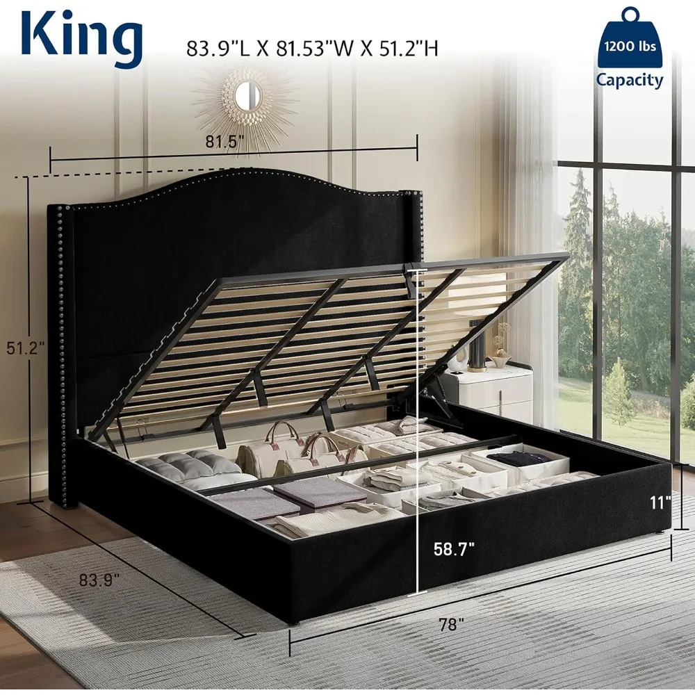 Lift Up Storage Bed King Size, Upholstered Platform Bed Frame Tall Headboard with Wingback, Hydraulic Lifting Underneath/Wooden