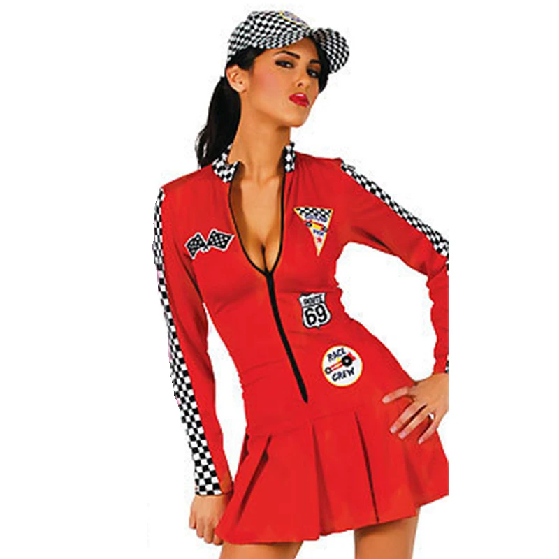 Kobiety seksowne długie rękawy kierowca samochodu wyścigowego kostium Halloween Cosplay Racer wyścigowa dziewczyna sukienka z kapeluszem — zdjęcie 6