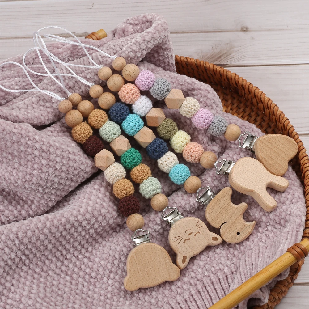 Baby Pacifier Chain Animal Bunny Elephant Heart Beech Pacifier Clip For Wood Round Felt Balls Bead Teether Nipple Chain Chew Toy