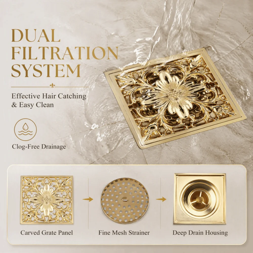 Brass Floor Drain With Strainer Square Shower Drain Cover Gold Color 10 x 10cm/3.94 x 3.94in Antique Brass Drain Washroom