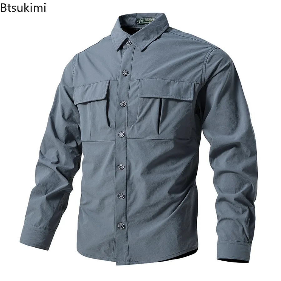 2025Men's Spring Long Sleeve Outdoor Shirts Solid Quick Drying Sports Clothing for Men Wear Tactical Combat Camping Cargo Shirts