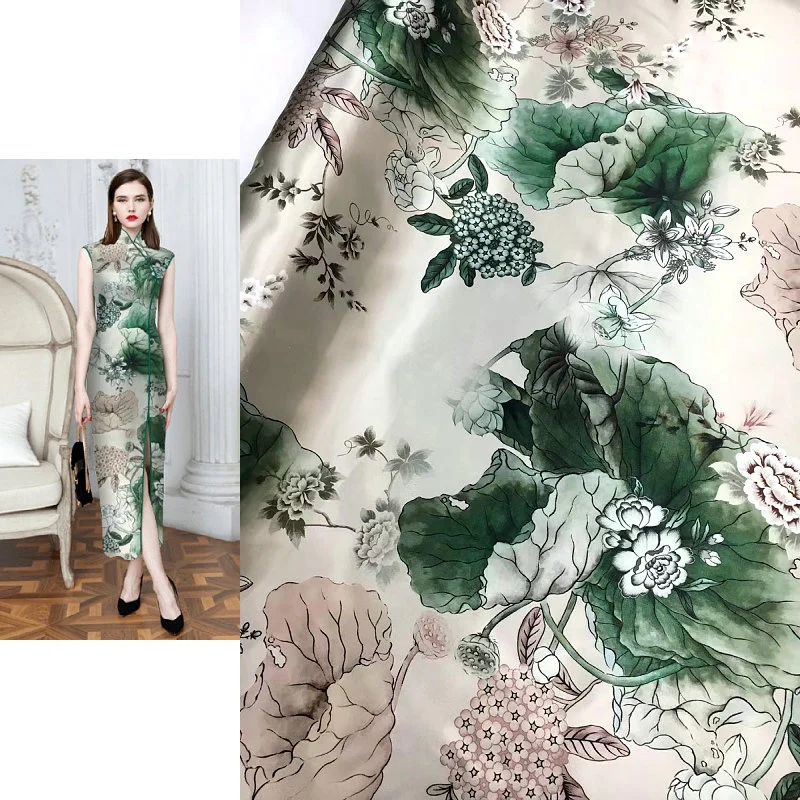 

Classic Fashion 40 Mmi Silk Heavy Satin Fabric Thickened Champagne Bottom Peony Lotus Print Mulberry Silk Cheongsam Eco-Friendly