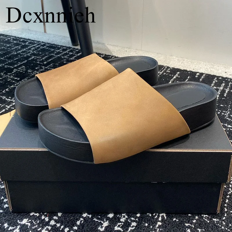 

Genuine Leather One Strap Thick Bottom Slippers Women Retro Style Anti slip Slippers Summer Outwear Casual Vacation Beach Shoes