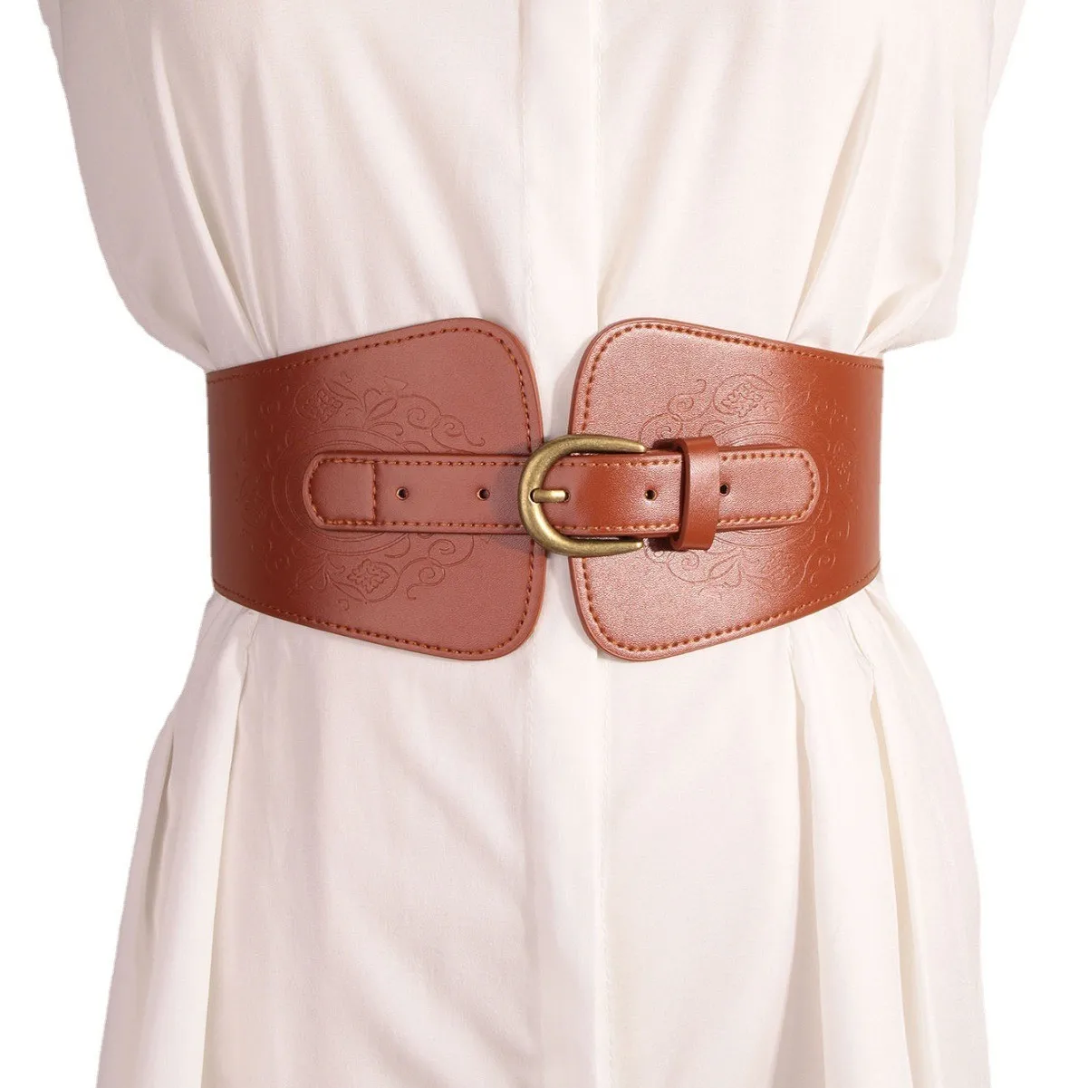 Women's New Elastic Brown Belt with Oval Pin Buckle Decorative Waist Seal Matching Skirts Versatile Slimming Belt