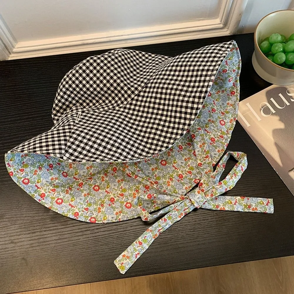 

Sun Protection Hiking Fisherman Hat Lace Up Floral Drawstring Sun Hat Small Lattice Double Sided Wear Plaid Hiking Cap Outdoor
