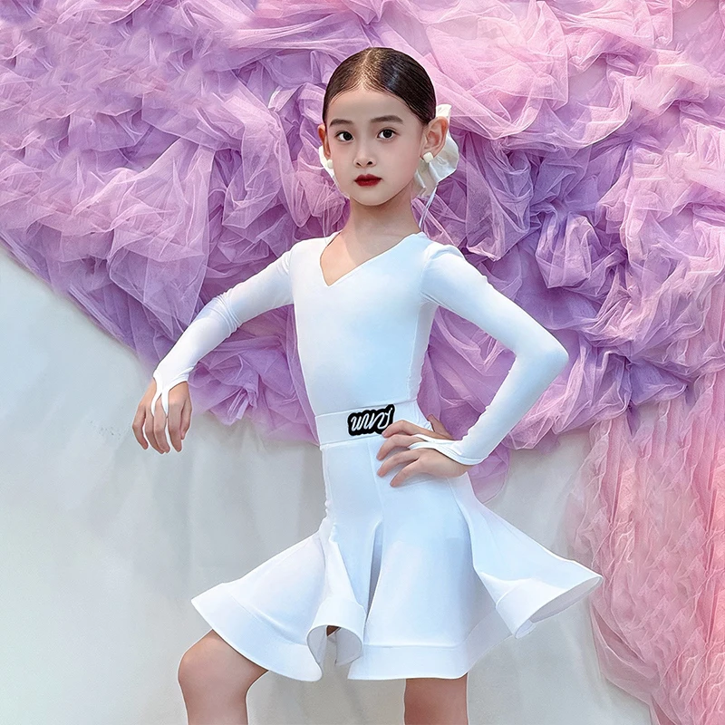 Traje profissional de dança de salão de mangas compridas para crianças meninas padrão nacional vestido de dança latina roupas de palco sl14030