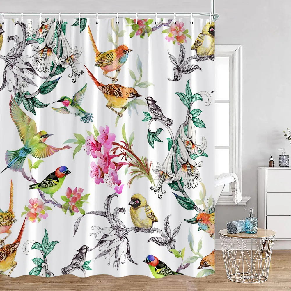 

Floral Birds Shower Curtain Watercolour Flowers Plants Animals Bath Curtains Set Polyester Fabric Home Bathroom Decor With Hooks