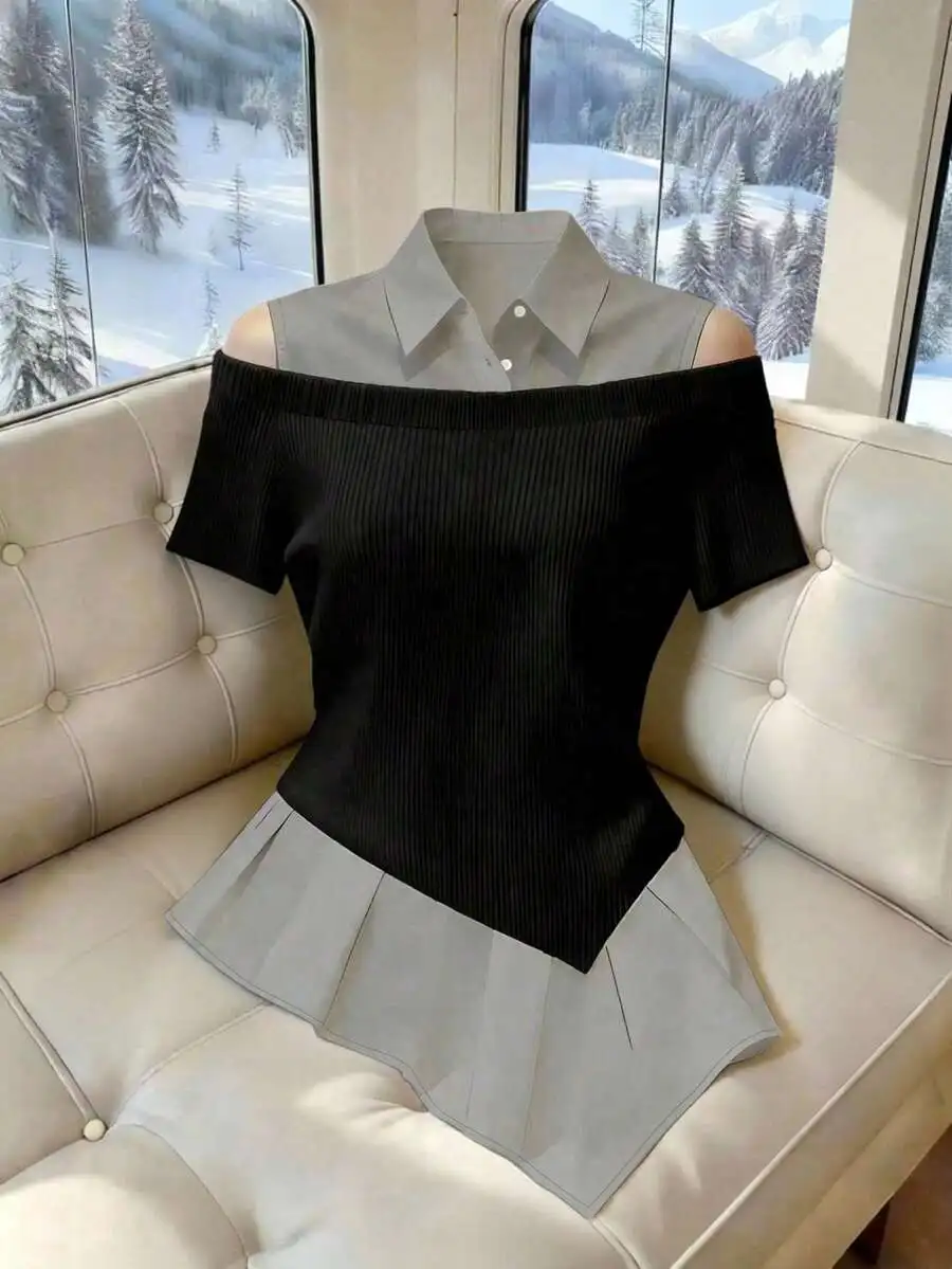 

Off Shoulder Short Sleeve Asymmetric Hem Blouse Black And Gray Color Block Casual Top