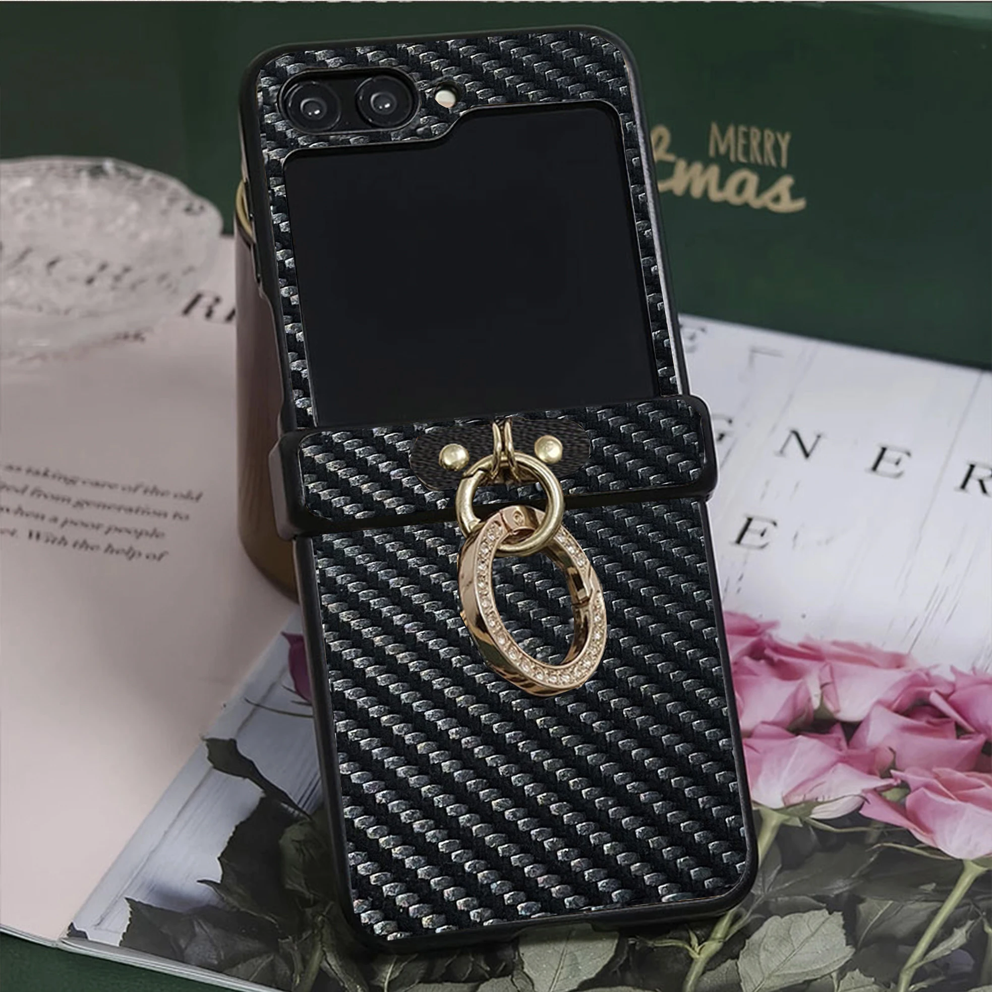 Carbonfaser-Streifen-Leder-Handyhülle für Samsung Galaxy Z Flip 7 6 5 4 3 5G Hartschale mit Diamantbeschichtetem Ringverschluss
