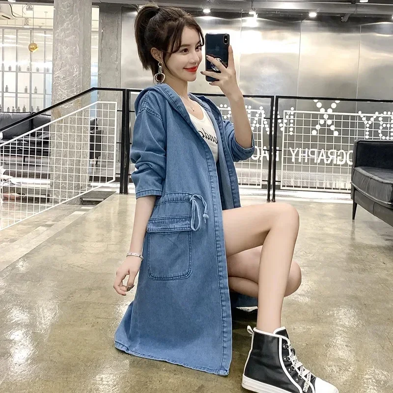 2023 New Denim Jacket Women Fashion Versatile Casual Trench Coat Female Spring Autumn Large Size Loose Hooded Jeans Windbreaker