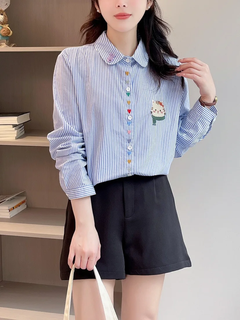 New Autumn Cotton Embroidery Shirts Women Lapel Collar Tops Girl Long Sleeve Striped Loose Blouses Versatile Spring T39718QC