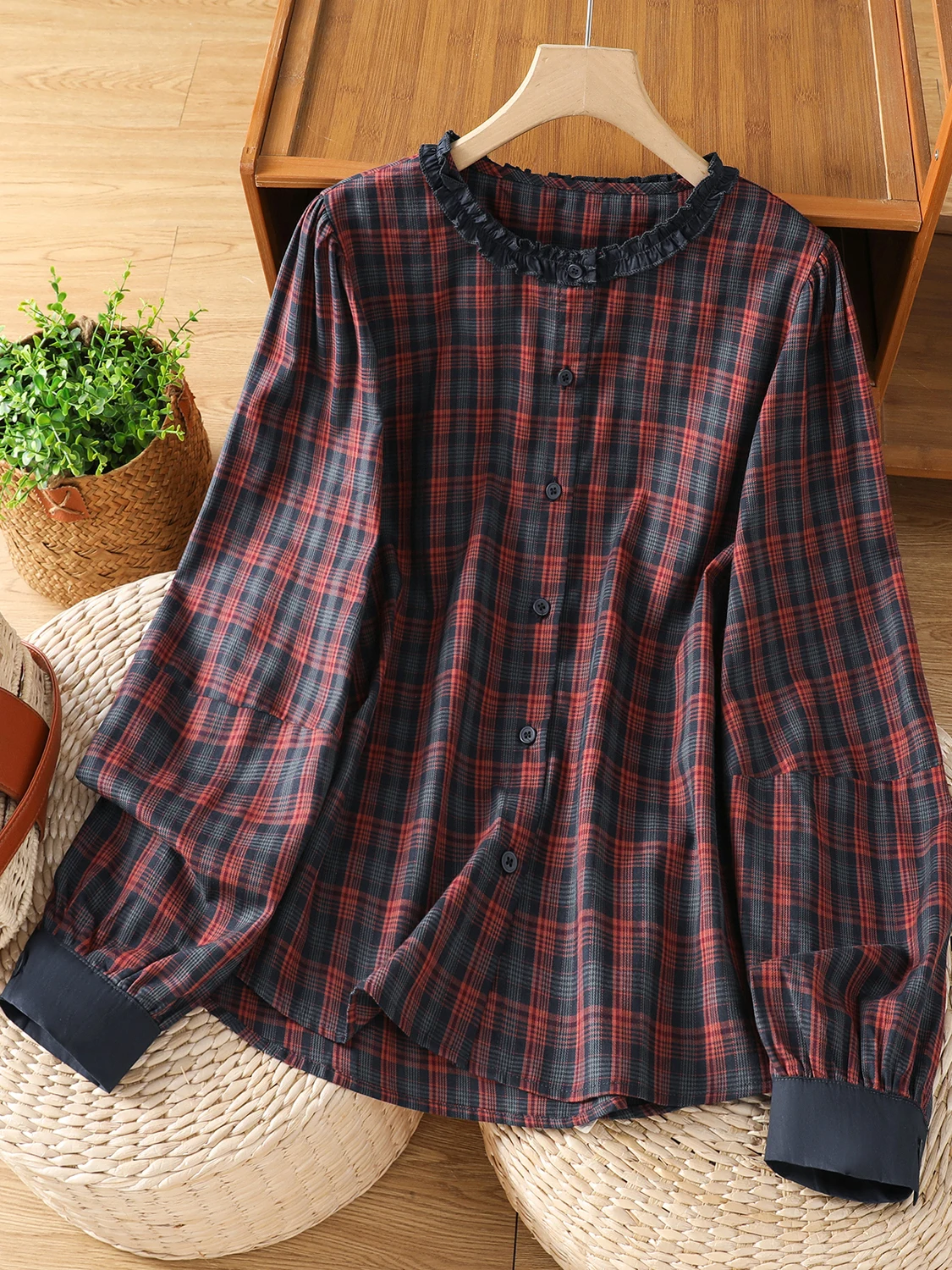 

Retro Plaid Long Sve irt Loose Floral Collar Open Cardigan Top Women plus Size Autumn Season Breathable Comfortable Ladi...